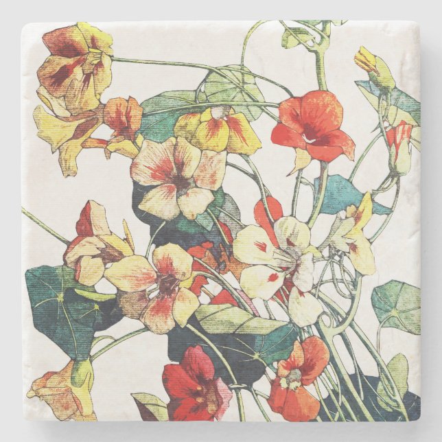Art Nouveau Garden Nasturtium Flowers Stone Coaster (Front)