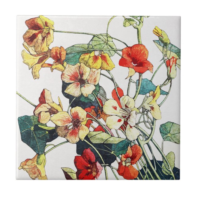 Art Nouveau Garden Nasturtium Flowers Tile (Front)