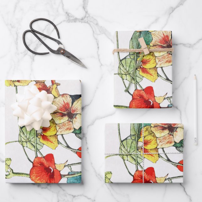 Art Nouveau Garden Nasturtium Flowers Wrapping Paper Sheet (Front)