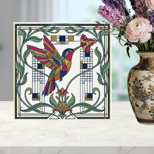 Art Nouveau Geometric Bird Flower Ceramic Tile