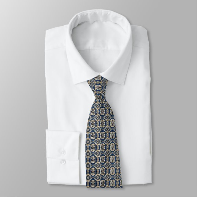 Art Nouveau Geometric Pattern Blues, Golds & Cream Tie (Tied)