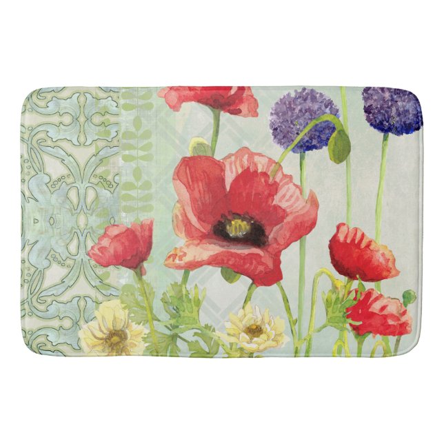 Art Nouveau Geometric Pattern Poppy Flowers Bath Mat (Front)