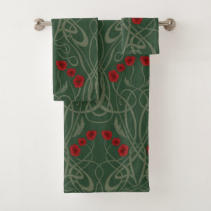 Art Nouveau Geometric Poppies and Sinuous Stems Bath Towel Set