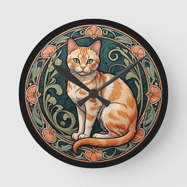 Art Nouveau Ginger Cat Round Clock (Front)