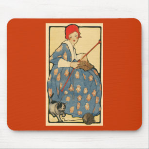 Art Nouveau -Girl knitting with her cat Mouse Mat