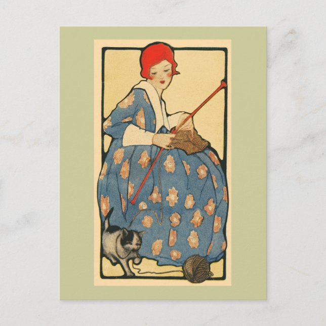 Art Nouveau -Girl knitting with her cat Postcard (Front)