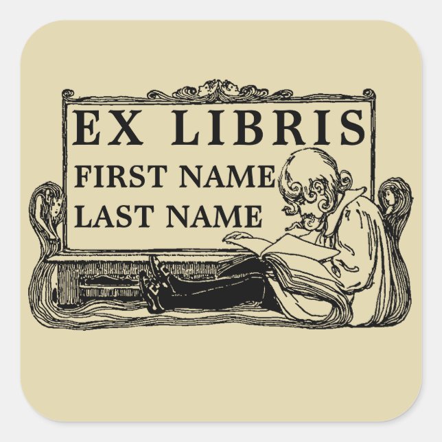 Art Nouveau Girl Reading Book Ex Libris Template Square Sticker (Front)