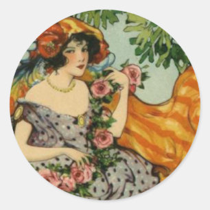 Art Nouveau Girl with Flowers Classic Round Sticker