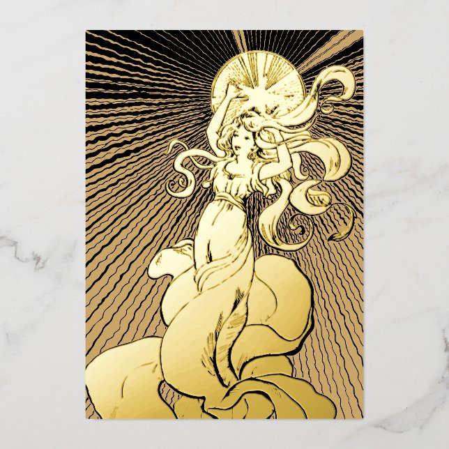 Art Nouveau Girl With Shining Star Foil Holiday Card (Front)