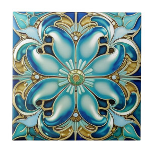 Art Nouveau Gold Aqua Blue Geometric Tile