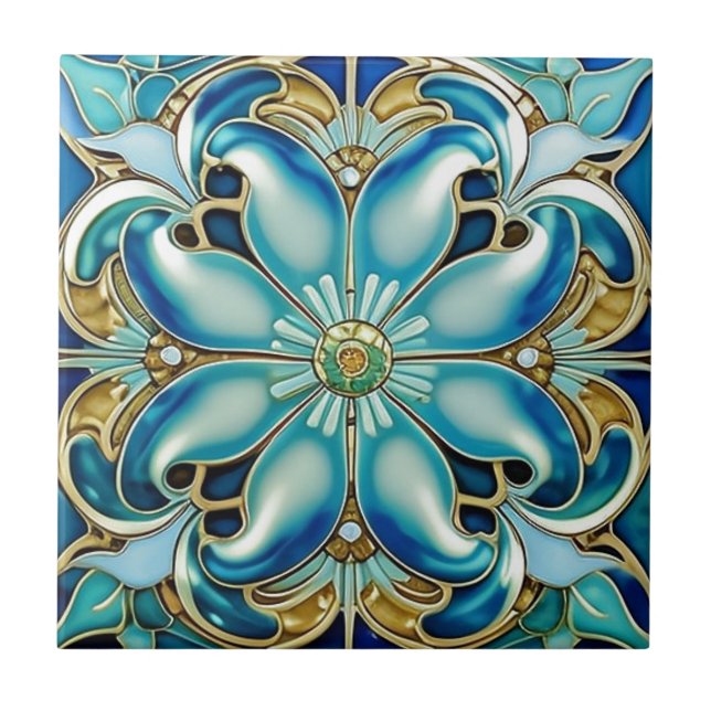 Art Nouveau Gold Aqua Blue Geometric Tile (Front)