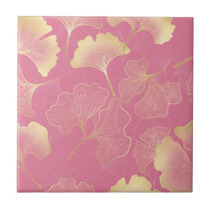 Art Nouveau Gold Ginkgo Leaf Blush Pattern Tile