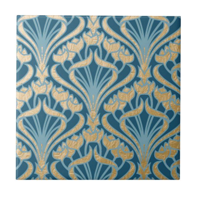 Art Nouveau,gold,teal,damask,floral,pattern,chic,V Tile (Front)
