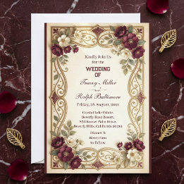 Art Nouveau Golden Burgundy Roses Classic Wedding  Invitation