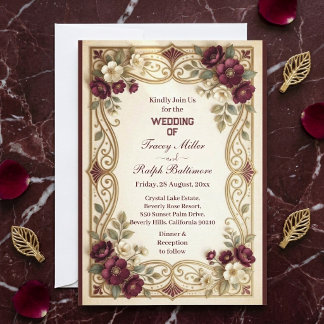 Art Nouveau Golden Burgundy Roses Classic Wedding  Invitation