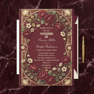 Art Nouveau Golden Burgundy Roses Elegant Wedding Invitation