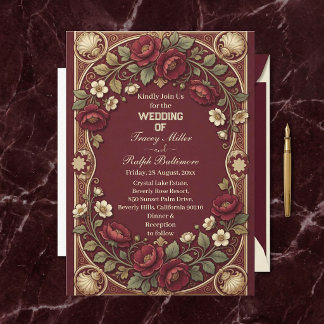 Art Nouveau Golden Burgundy Roses Elegant Wedding  Invitation