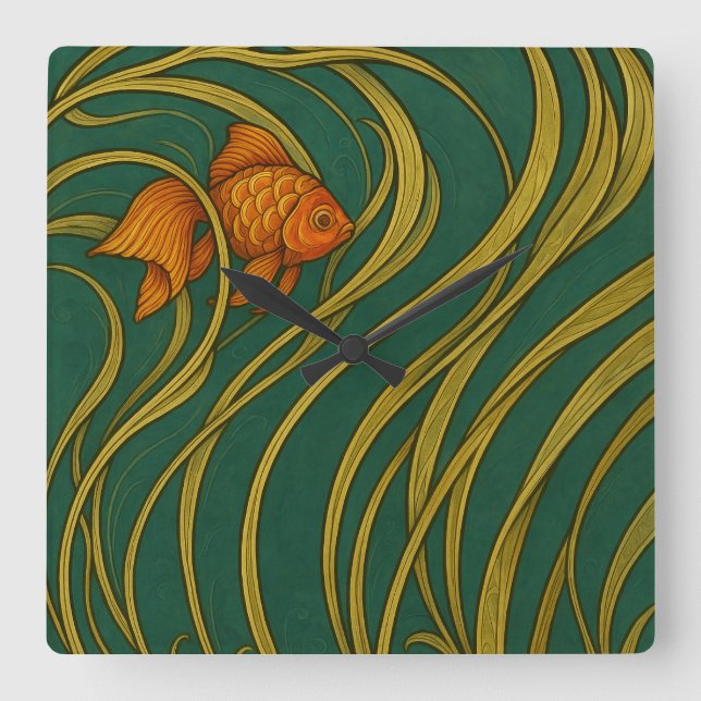 Art Nouveau Goldfish  Square Wall Clock (Front)
