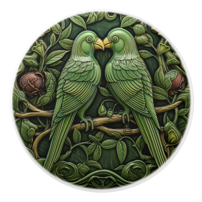 Art Nouveau Green Birds Antique Inspired Nature Ceramic Knob (Front)