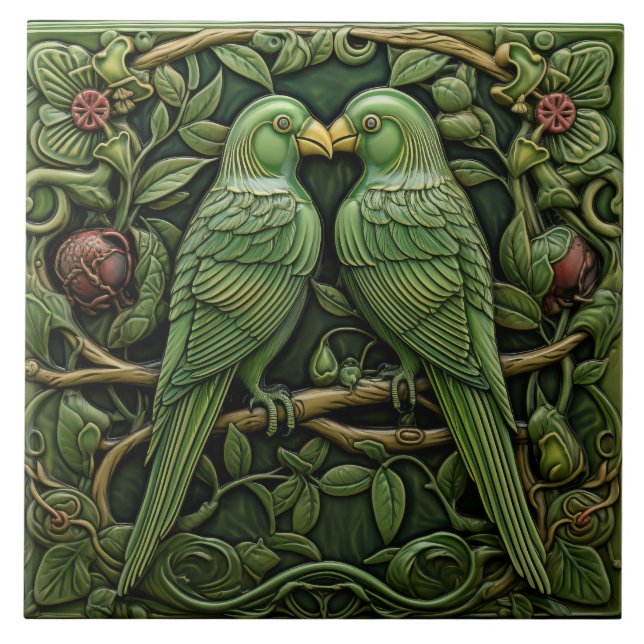 Art Nouveau Green Birds Antique Inspired Nature Tile (Front)