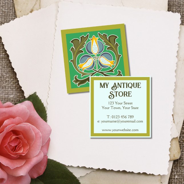 Art Nouveau Green Blue Square Business Card (Creator Uploaded)