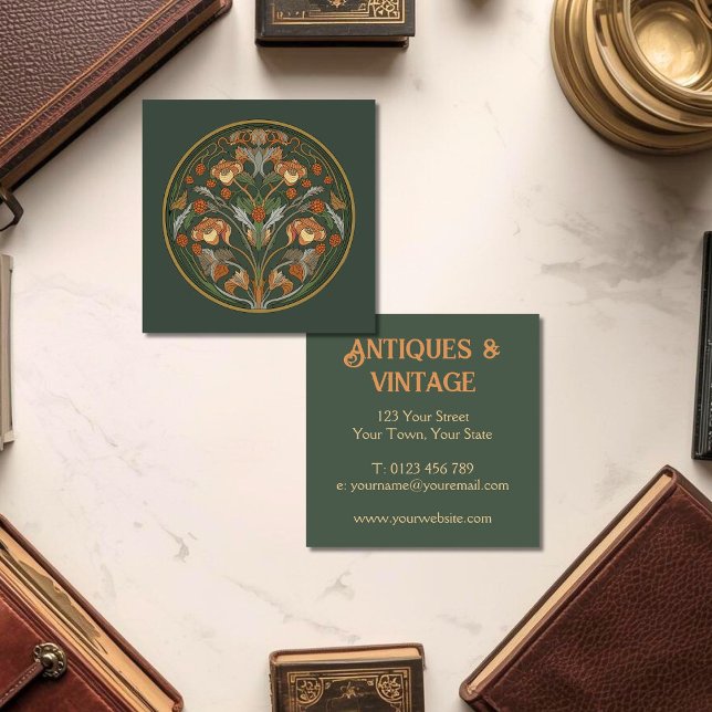 Art Nouveau Green Cream Square Business Card (Art Nouveau Business Card for antique store, jewellry, vintage or any profession.)