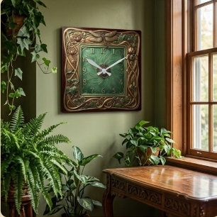 Art Nouveau Green Dial Dragonfly Mother-of-Pearl Square Wall Clock