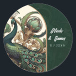 Art Nouveau Green Emerald Vintage Peacock Wedding Classic Round Sticker<br><div class="desc">customise with any text.</div>