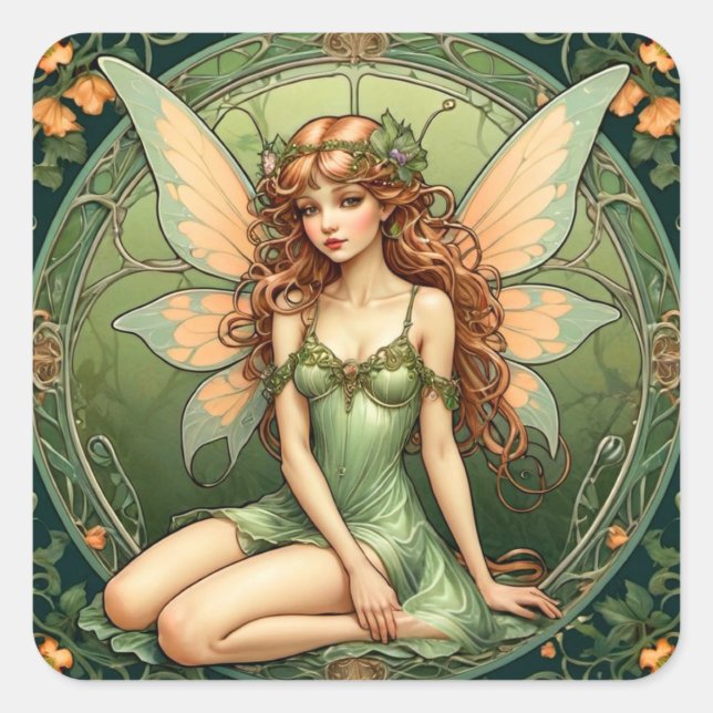 Art Nouveau Green Fairy Square Sticker (Front)