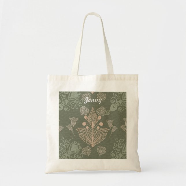 Art Nouveau Green Floral Personalised Tote Bag (Front)