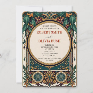 Art Nouveau Green Gold Vintage Wedding  Invitation