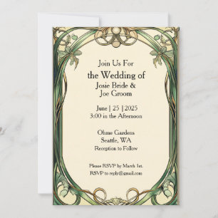Art Nouveau green gold wedding invitation