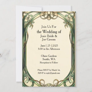 Art Nouveau green gold wedding invitation