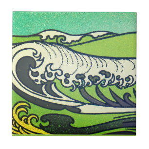Art Nouveau Green Sea Waves 1 Tile