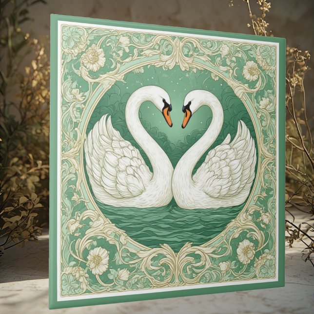Art Nouveau Green Swan Couple Lake Floral Motifs  Tile (Art Nouveau Green Swan Couple Lake Floral Motifs Ceramic Tile)