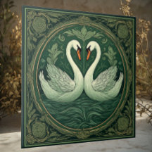 Art Nouveau Green Swan Lover Couples Ethereal Lake