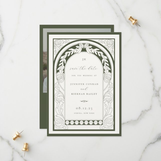 Art Nouveau Greenery Frame Photo Save The Date (Front/Back In Situ)