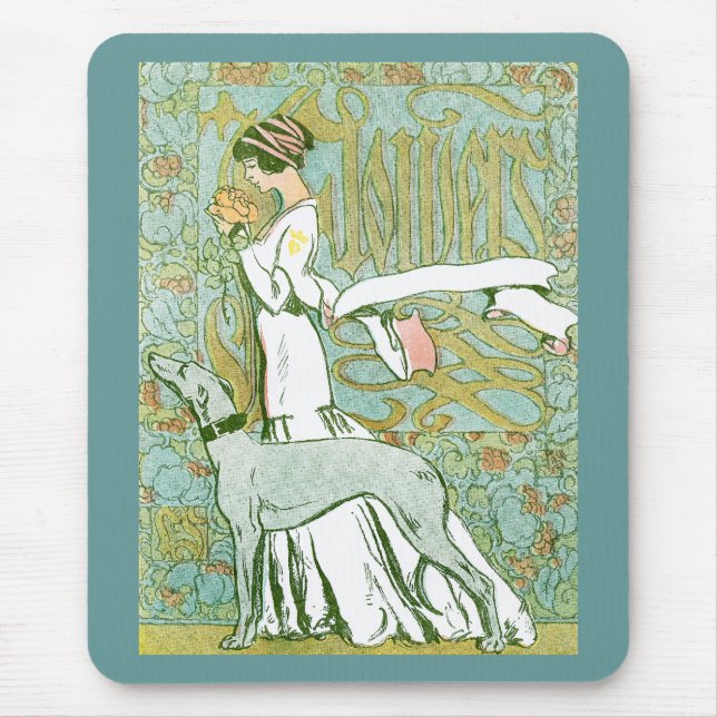 Art Nouveau Greyhound and Lady with Flower Mouse Mat (Front)