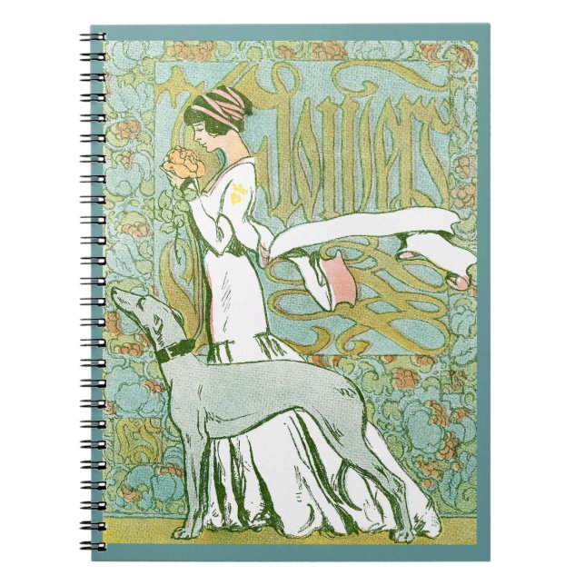 Art Nouveau Greyhound and Lady with Flower Notebook (Front)