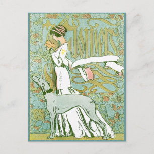 Art Nouveau Greyhound and Lady with Flower Postcard