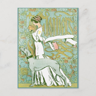 Art Nouveau Greyhound and Lady with Flower Postcard