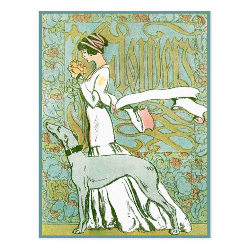 Image of Art Nouveau Greyhound and Lady with Flower Postcard