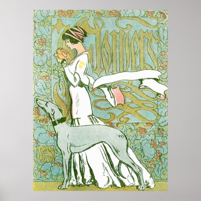 Art Nouveau Greyhound and Lady with Flower Poster (Front)