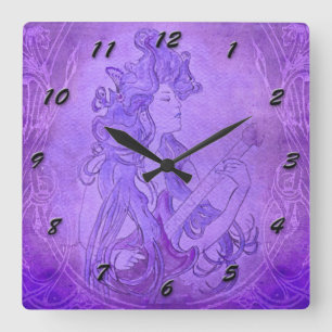 Art Nouveau Guitar Girl Vintage Clock Purple