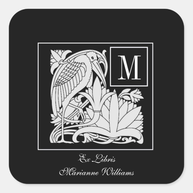 Art Nouveau Heron Monogram Bookplate Sticker (Front)