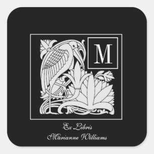 Art Nouveau Heron Monogram Bookplate Sticker