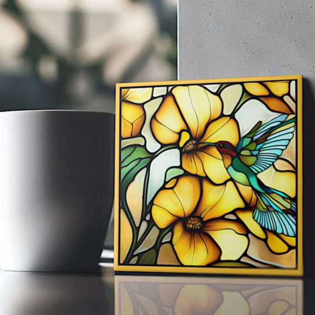 Art Nouveau Hummingbird Garden Faux Stained Glass Tile (Creator Uploaded)