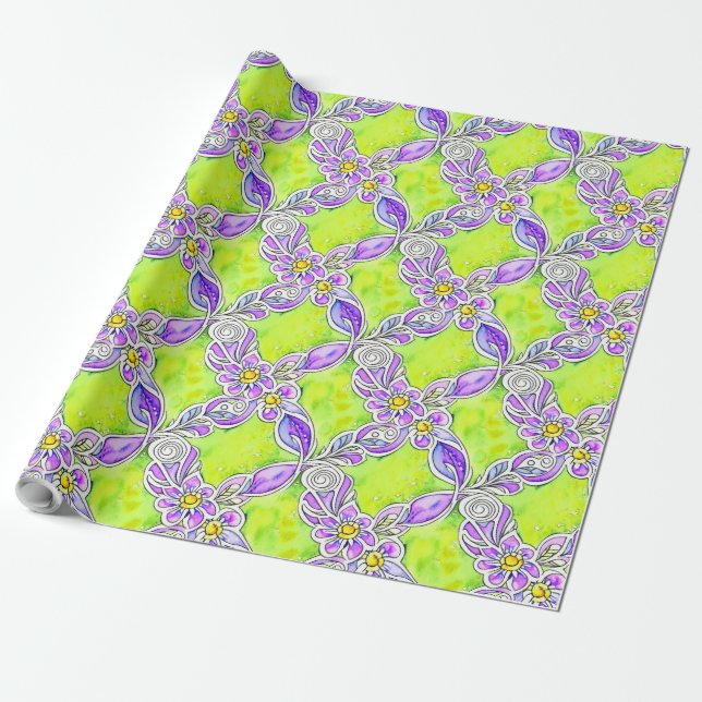 Art Nouveau Inspired Boho Watercolor Floral Wrapping Paper (Unrolled)