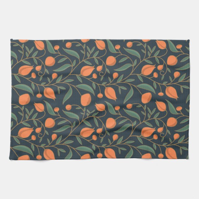 Art Nouveau inspired Elegant Orange Vining Floral  Tea Towel (Horizontal)