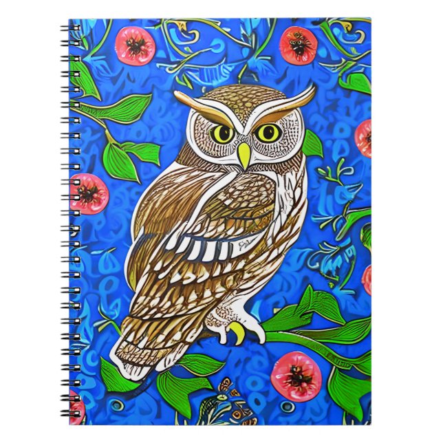 Art Nouveau Inspired Owl, Brown on Cobalt Blue Notebook (Front)